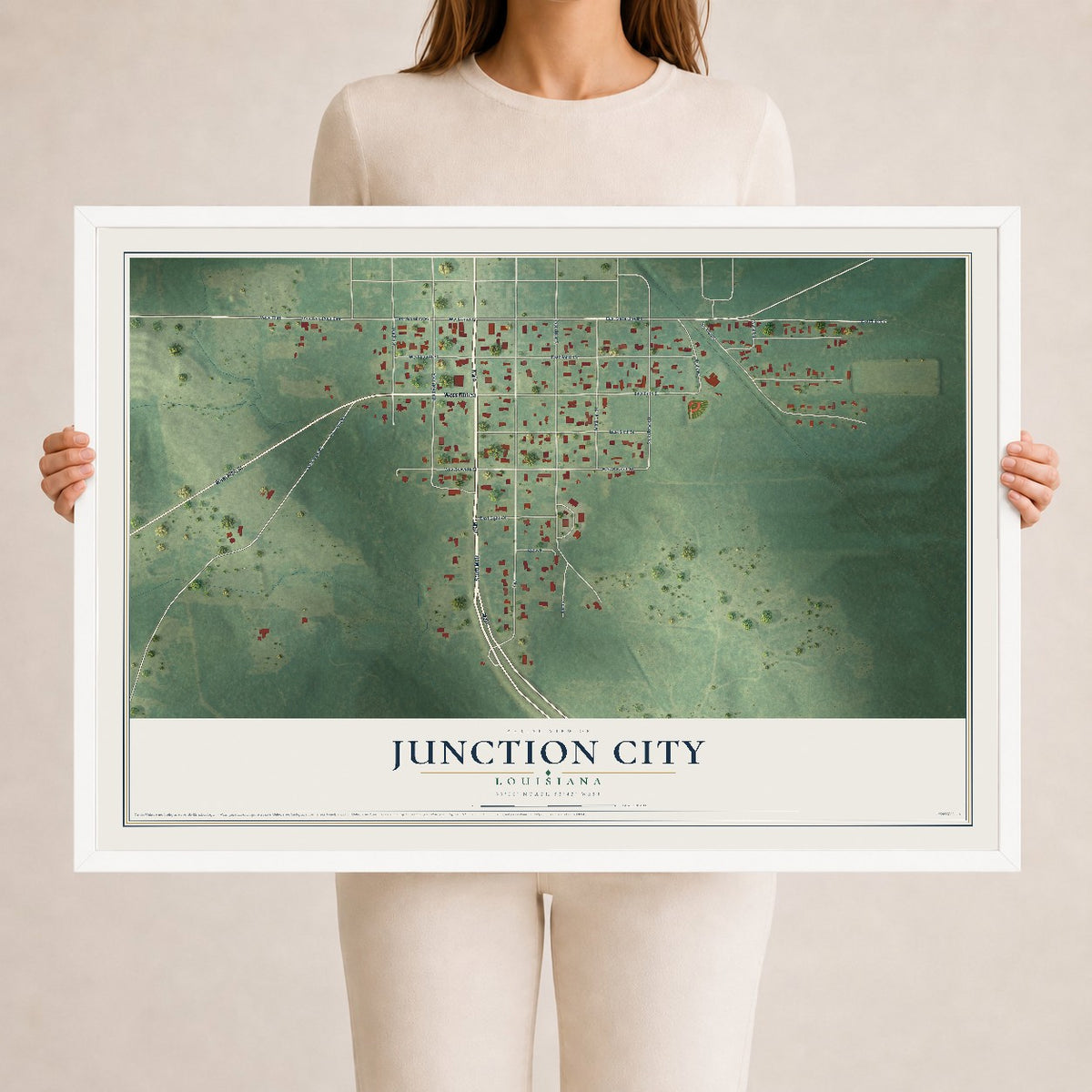 Map of Junction City, Louisiana, 24 x 36 inch print in a white wood frame