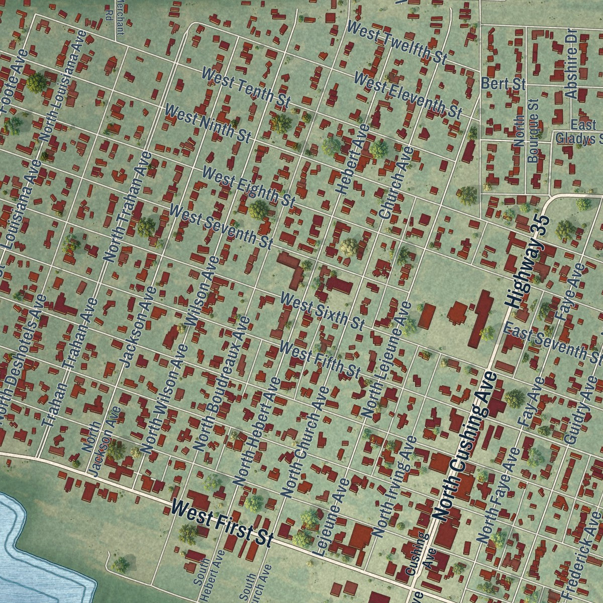 Close-up of the map of Kaplan, Louisiana print showing street and building detail
