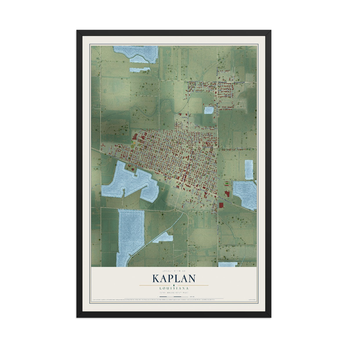 Map of Kaplan, Louisiana, 12 x 18 inch print in a black wood frame