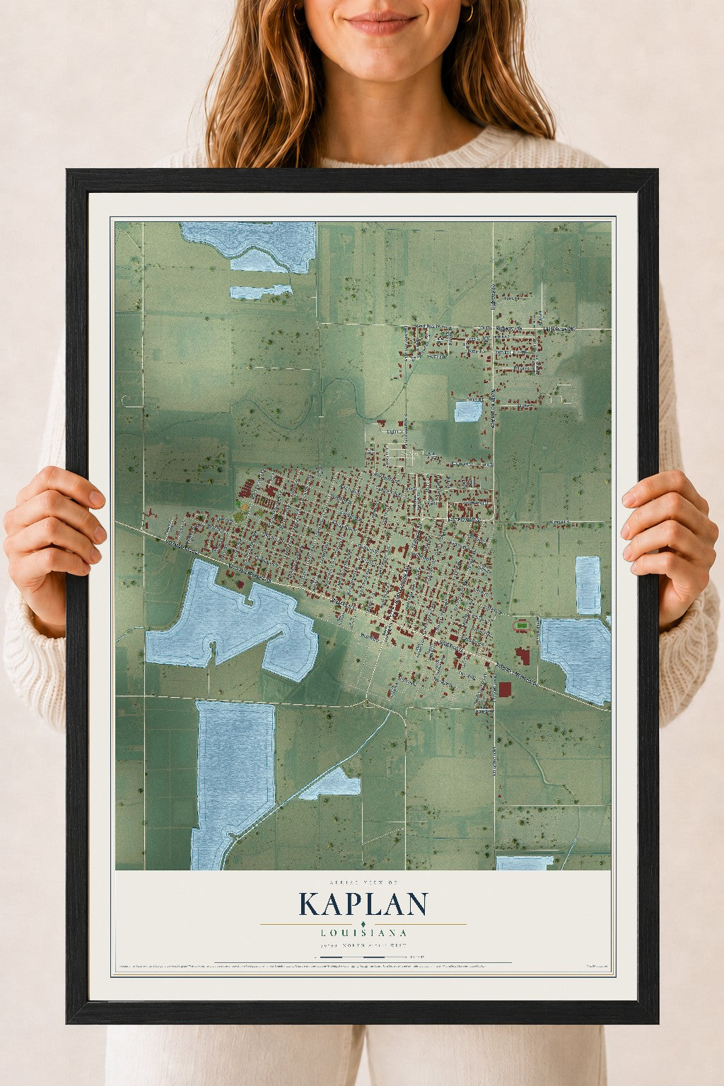 Map of Kaplan, Louisiana, 18 x 24 inch print in a black wood frame