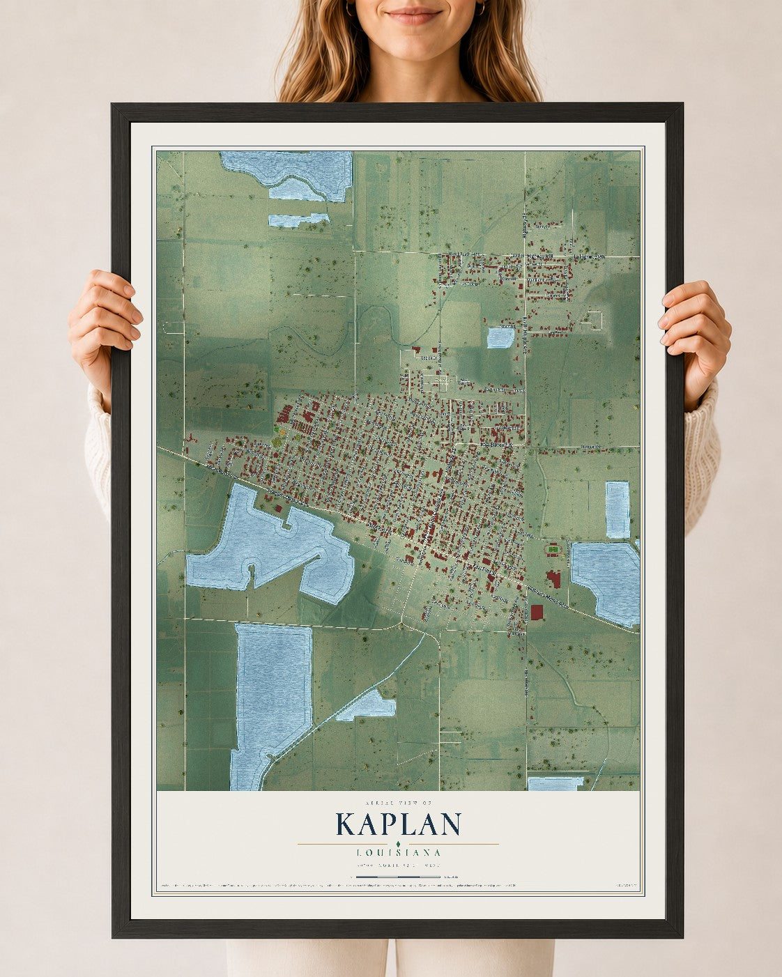 Map of Kaplan, Louisiana, 24 x 36 inch print in a black wood frame