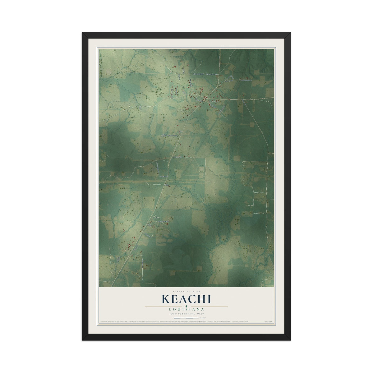 Map of Keachi, Louisiana, 12 x 18 inch print in a black wood frame