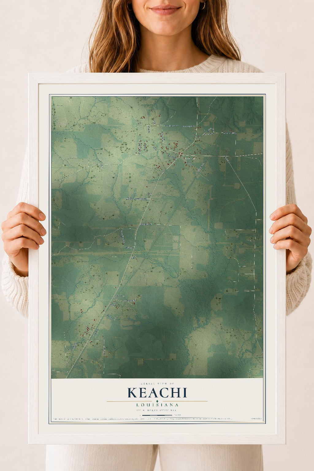Map of Keachi, Louisiana, 18 x 24 inch print in a white wood frame