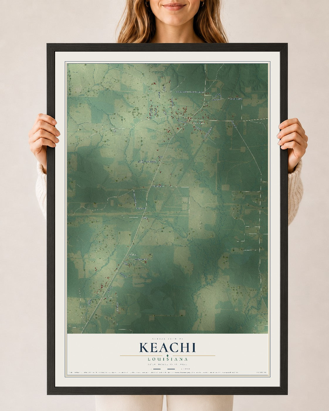 Map of Keachi, Louisiana, 24 x 36 inch print in a black wood frame