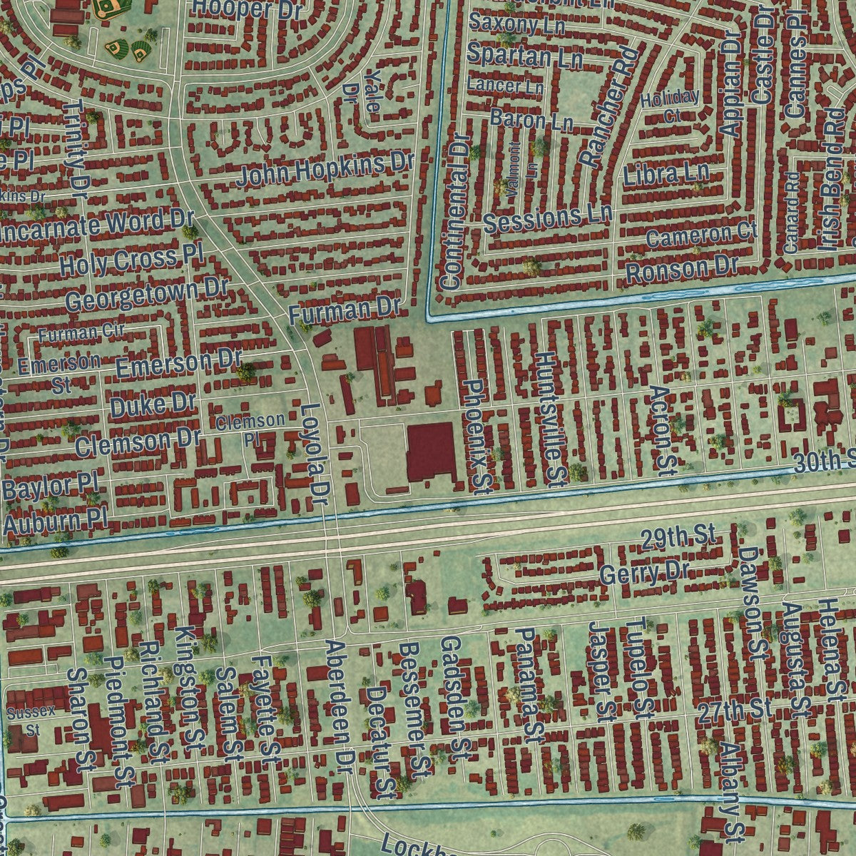 Second close-up of the map of Kenner, Louisiana print showing more streets and buildings