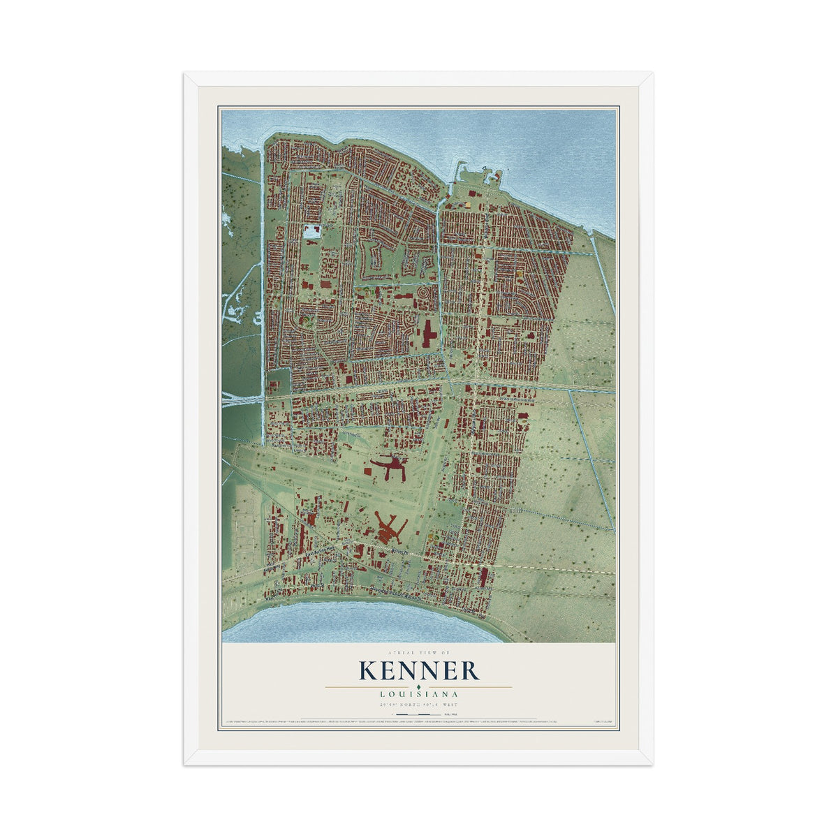 Map of Kenner, Louisiana, 12 x 18 inch print in a white wood frame