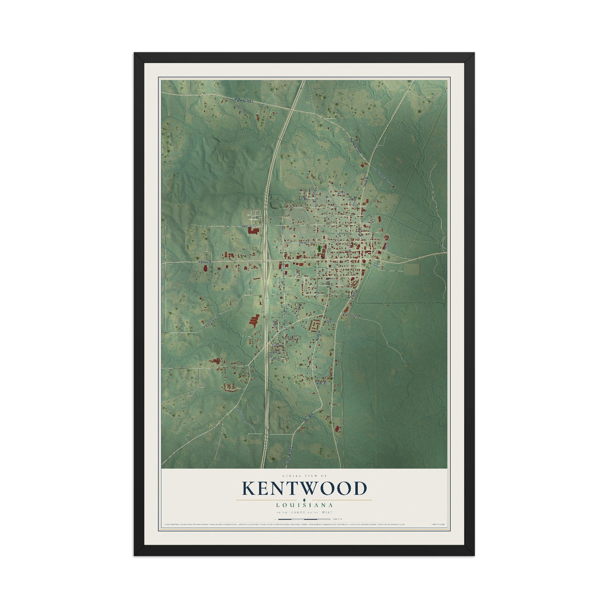 Map of Kentwood, Louisiana, 12 x 18 inch print in a black wood frame