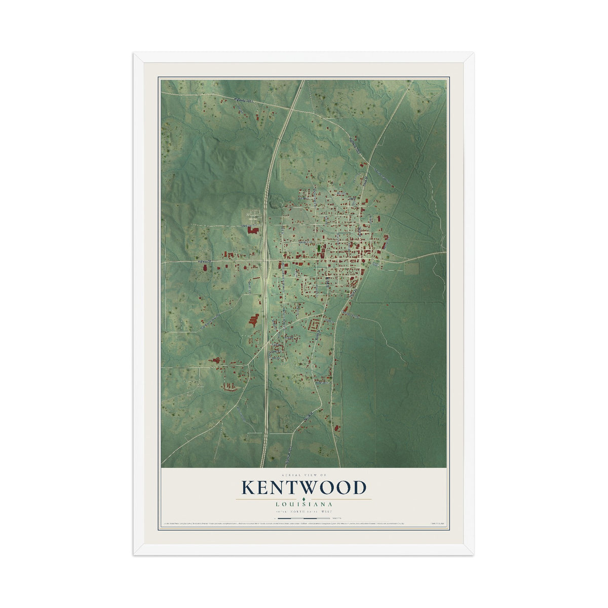 Map of Kentwood, Louisiana, 12 x 18 inch print in a white wood frame