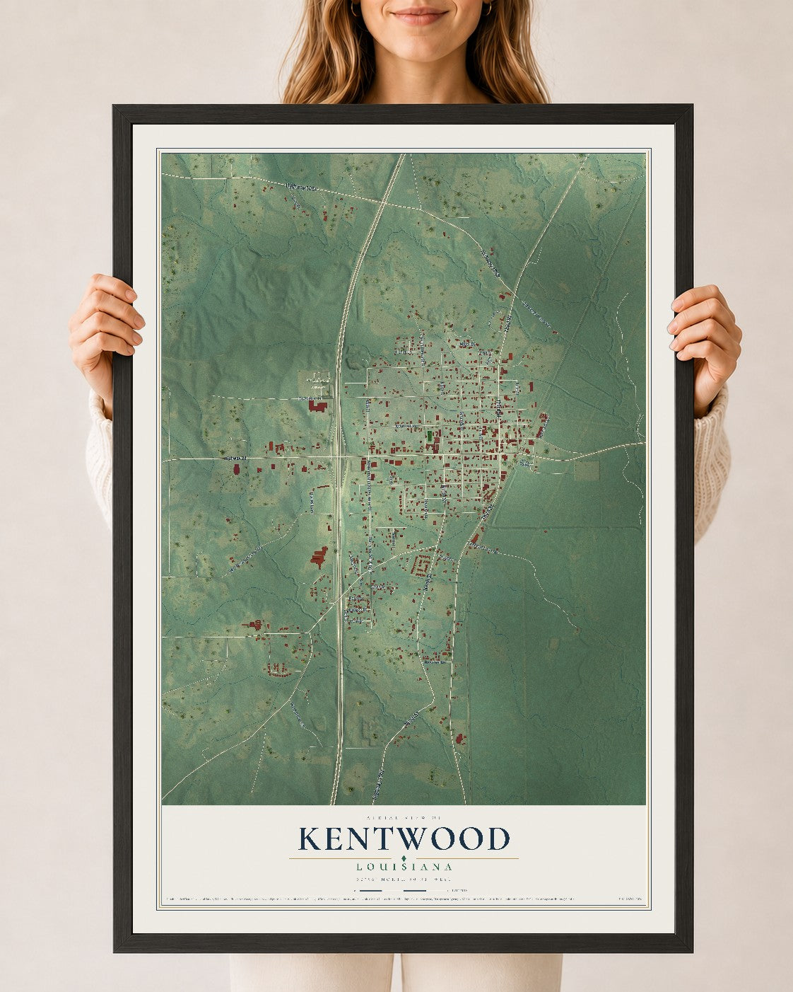 Map of Kentwood, Louisiana, 24 x 36 inch print in a black wood frame