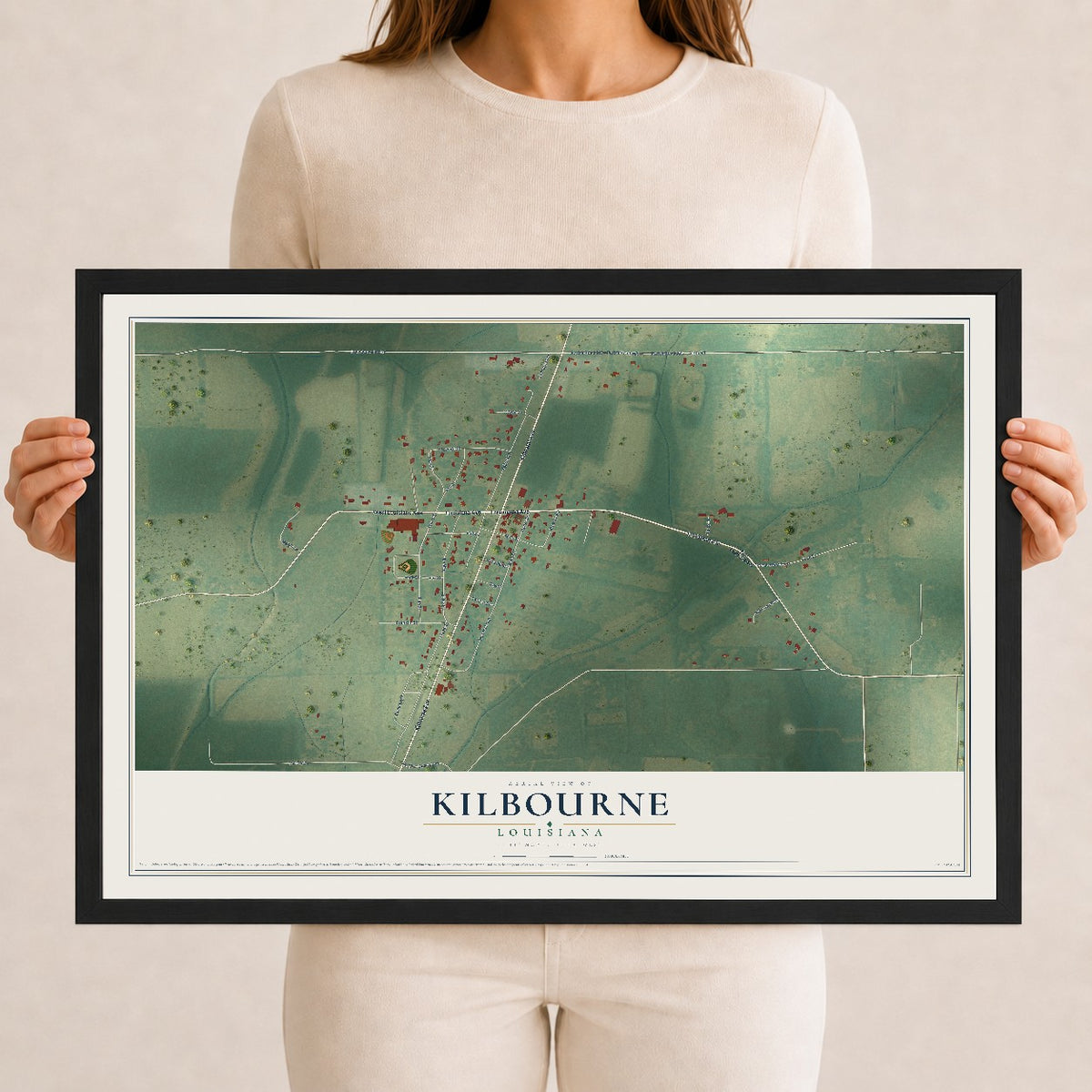 Map of Kilbourne, Louisiana, 12 x 18 inch print in a black wood frame