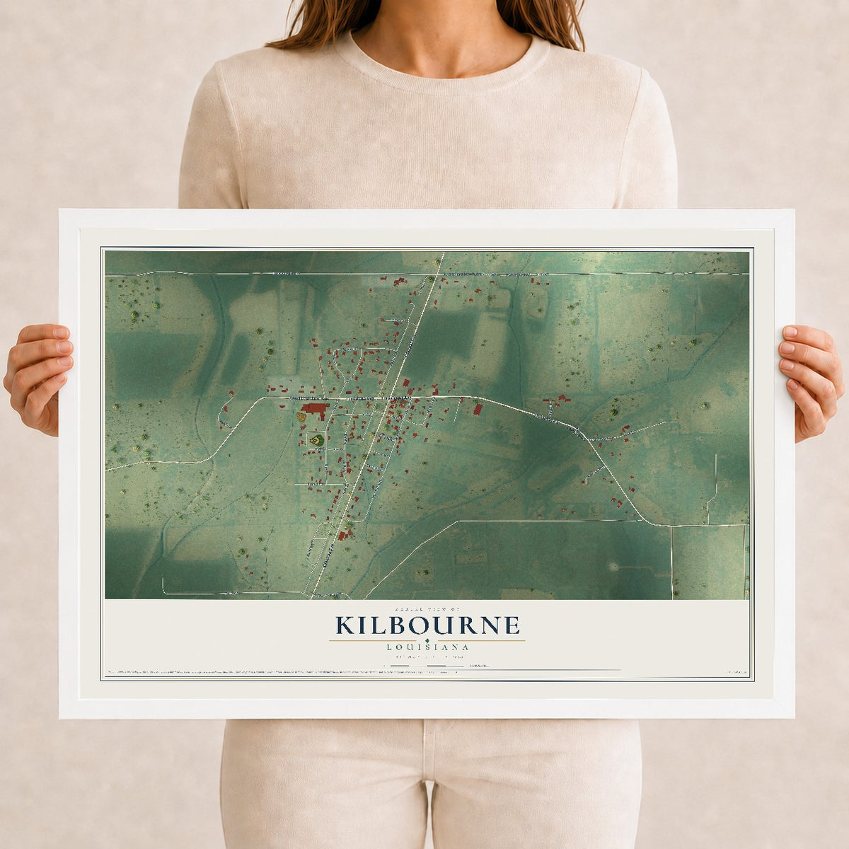 Map of Kilbourne, Louisiana, 12 x 18 inch print in a white wood frame