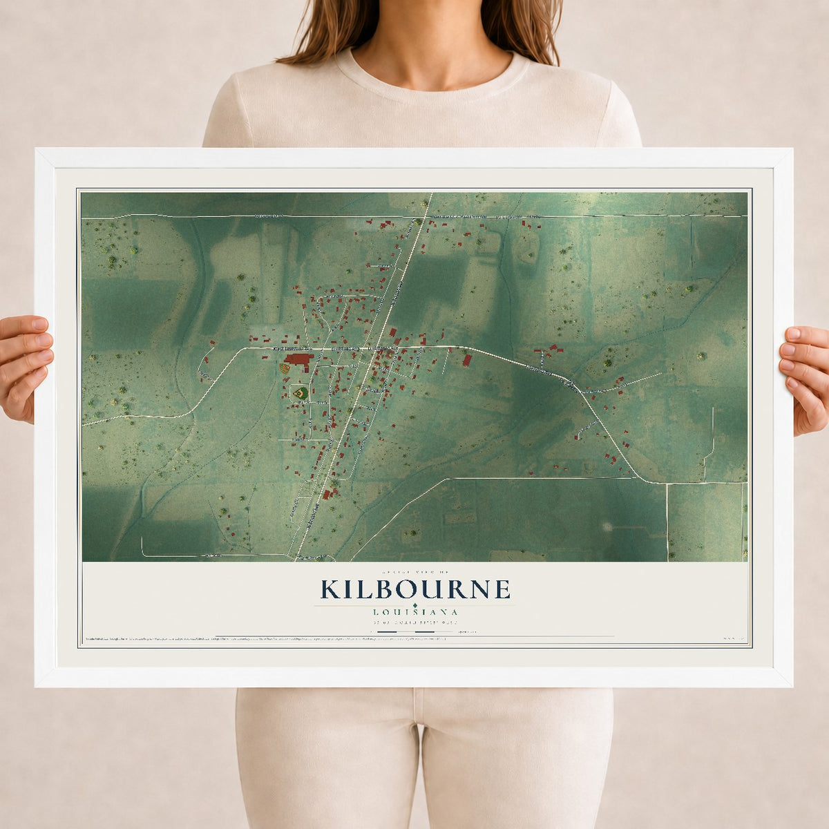 Map of Kilbourne, Louisiana, 18 x 24 inch print in a white wood frame