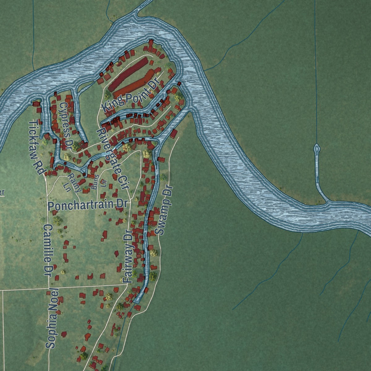 Close-up of the map of Killian, Louisiana print showing street and building detail