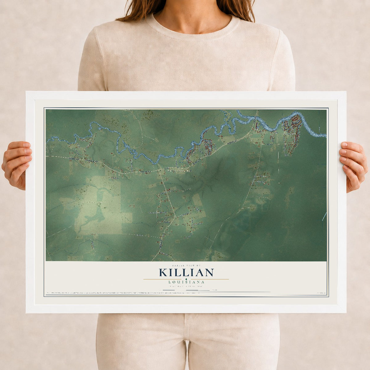 Map of Killian, Louisiana, 12 x 18 inch print in a white wood frame