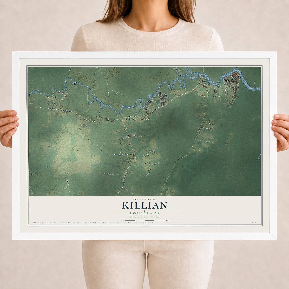 Map of Killian, Louisiana, 18 x 24 inch print in a white wood frame