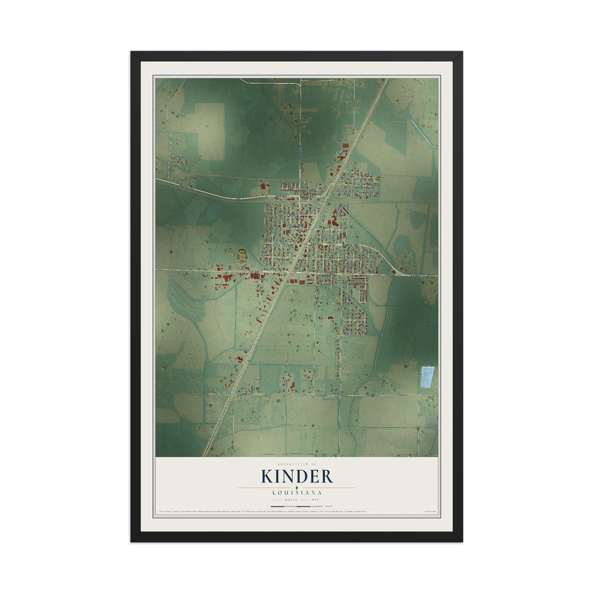 Map of Kinder, Louisiana, 12 x 18 inch print in a black wood frame