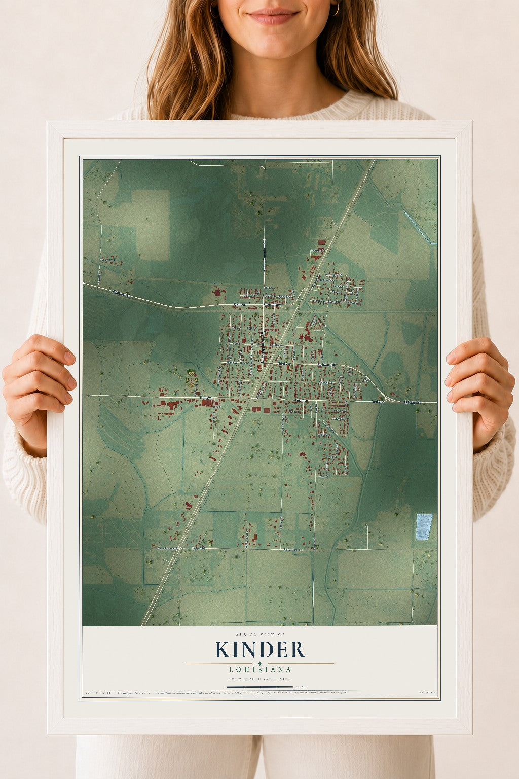Map of Kinder, Louisiana, 18 x 24 inch print in a white wood frame