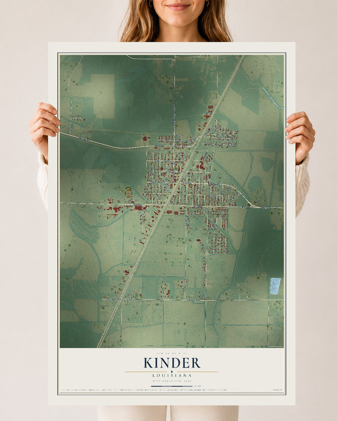 Map of Kinder, Louisiana, 24 x 36 inch unframed archival matte print