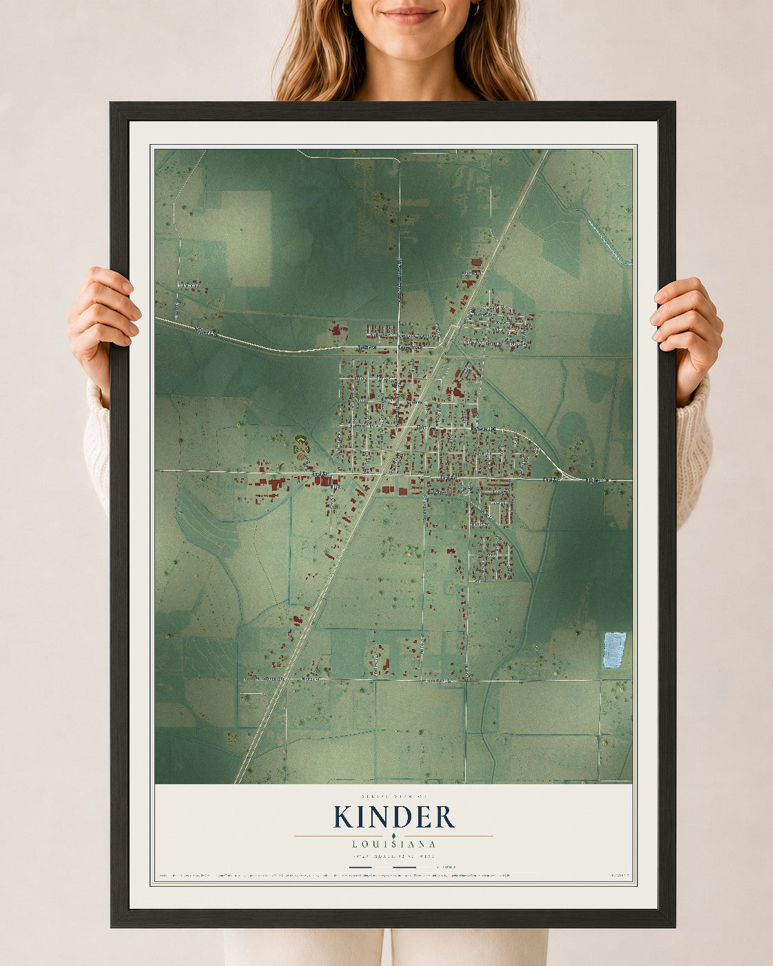 Map of Kinder, Louisiana, 24 x 36 inch print in a black wood frame