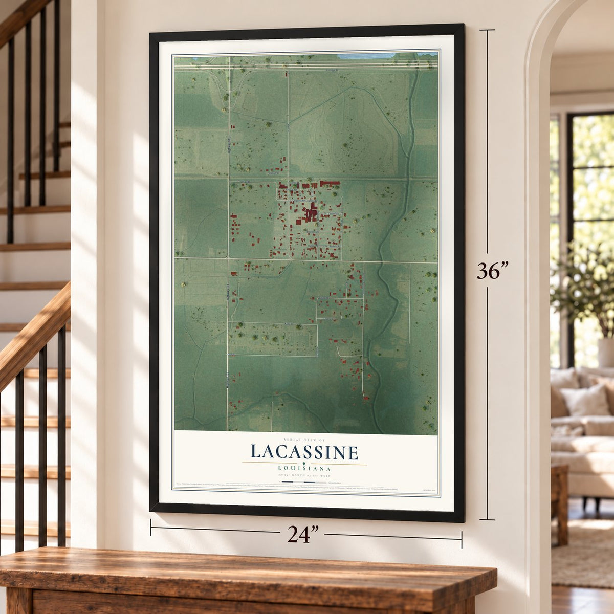 Lacassine, Louisiana map, 24 x 36 inch print in a black frame by a staircase