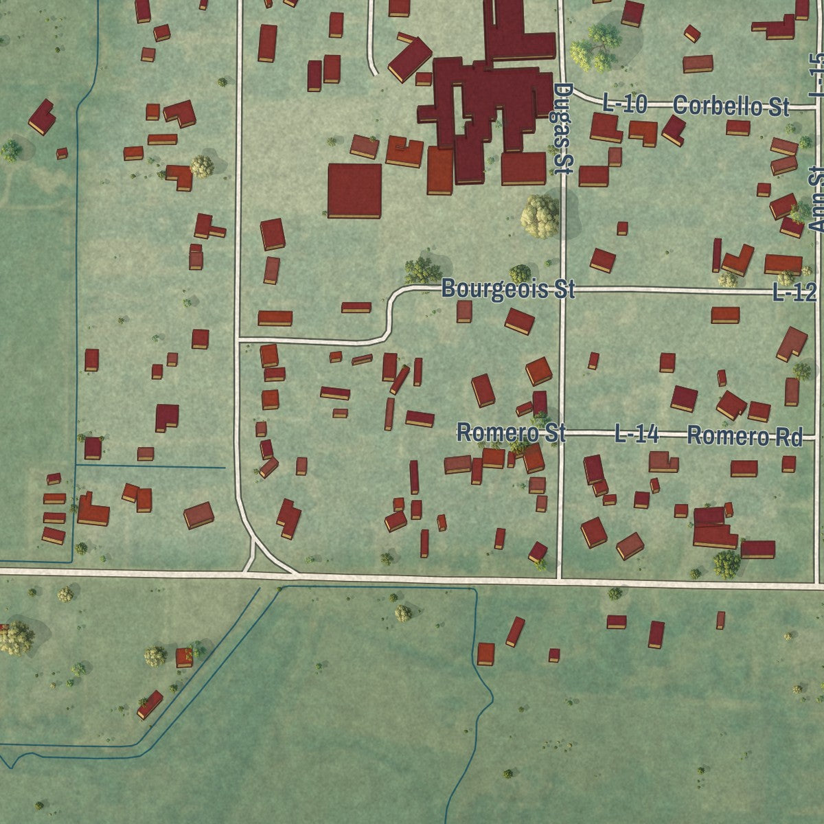 Close-up of the map of Lacassine, Louisiana print showing street and building detail
