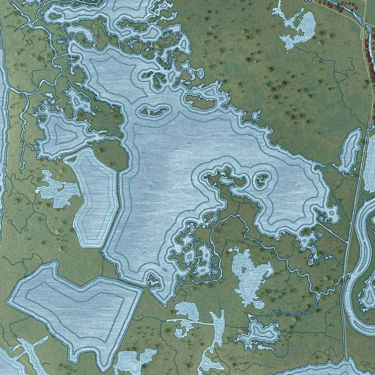 Close-up of the map of Lacombe, Louisiana print showing street and building detail