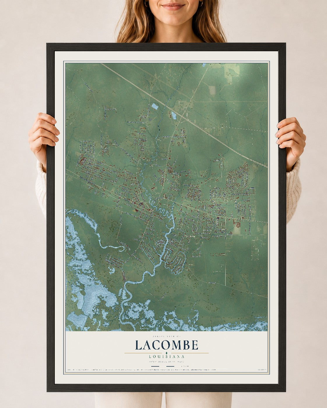 Map of Lacombe, Louisiana, 24 x 36 inch print in a black wood frame