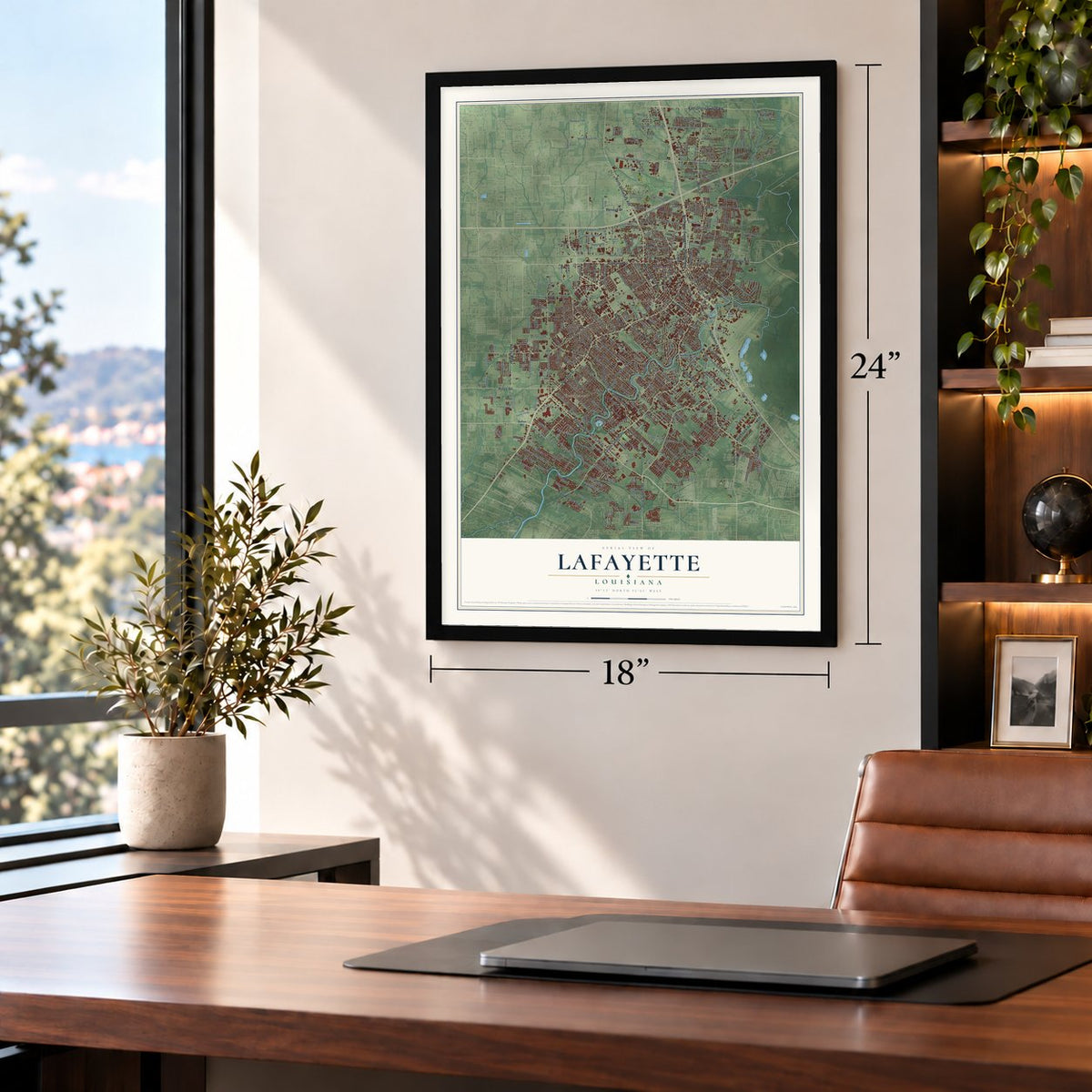 Lafayette, Louisiana map, 18 x 24 inch print in a black frame in a home office