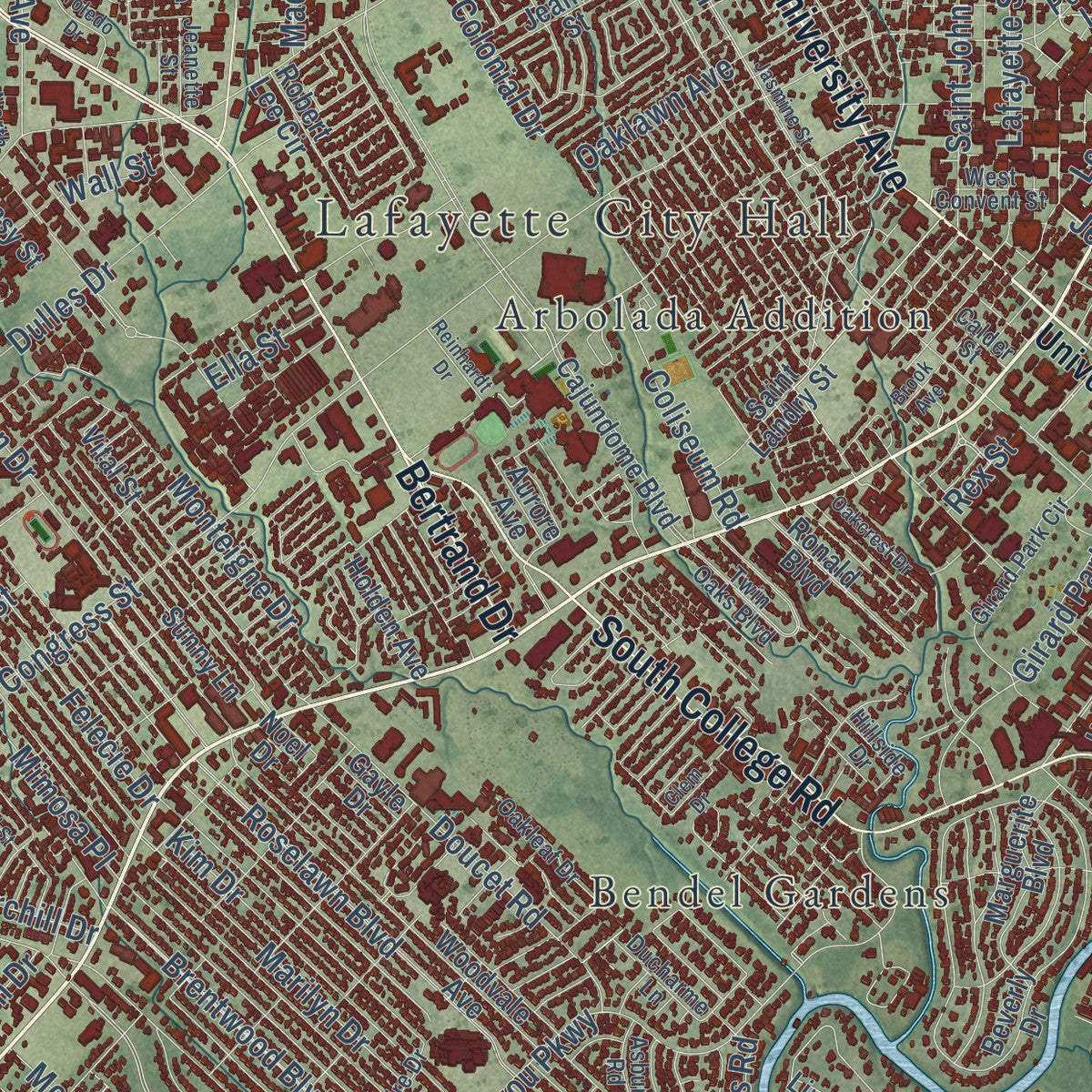 Close-up of the map of Lafayette, Louisiana print showing street and building detail