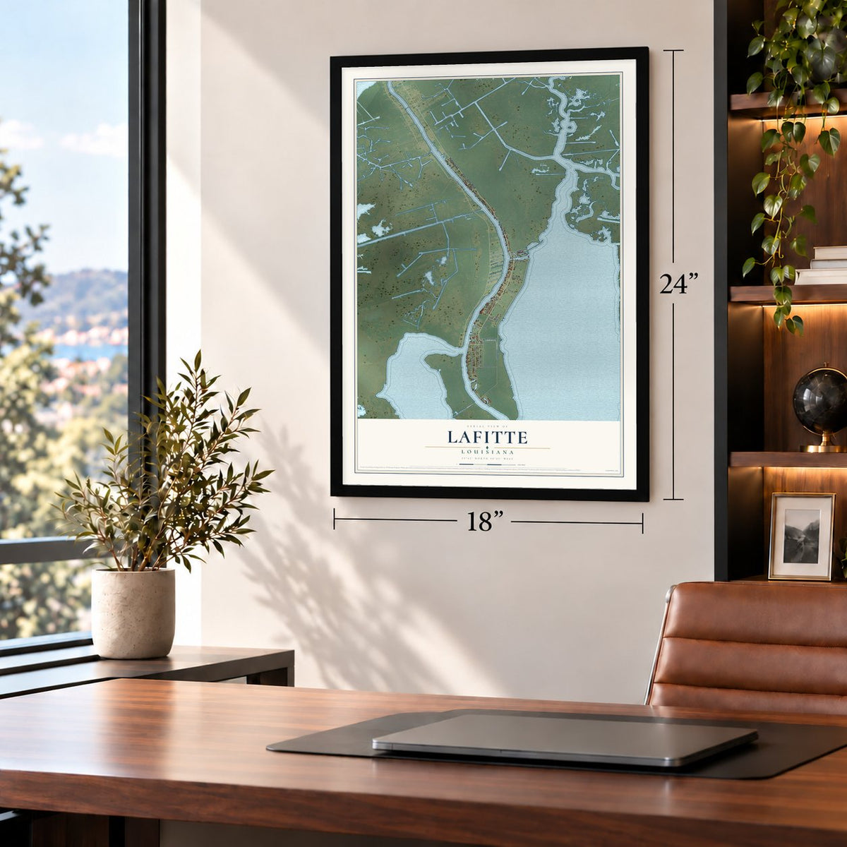 Lafitte, Louisiana map, 18 x 24 inch print in a black frame in a home office