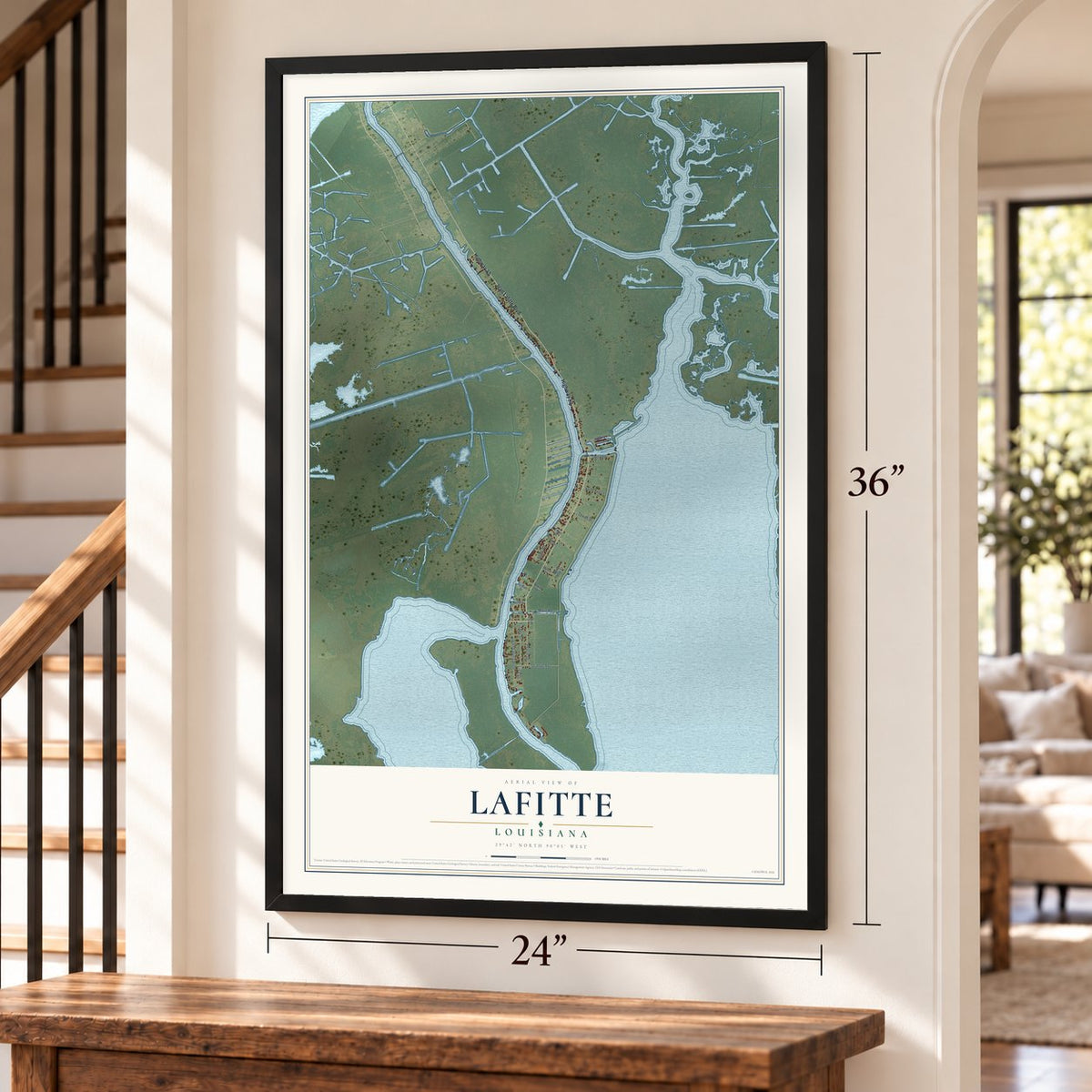 Lafitte, Louisiana map, 24 x 36 inch print in a black frame by a staircase