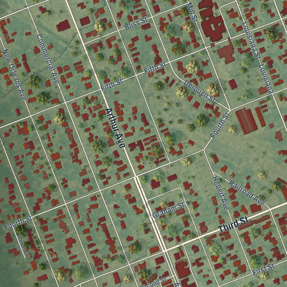 Close-up of the map of Lake Arthur, Louisiana print showing street and building detail