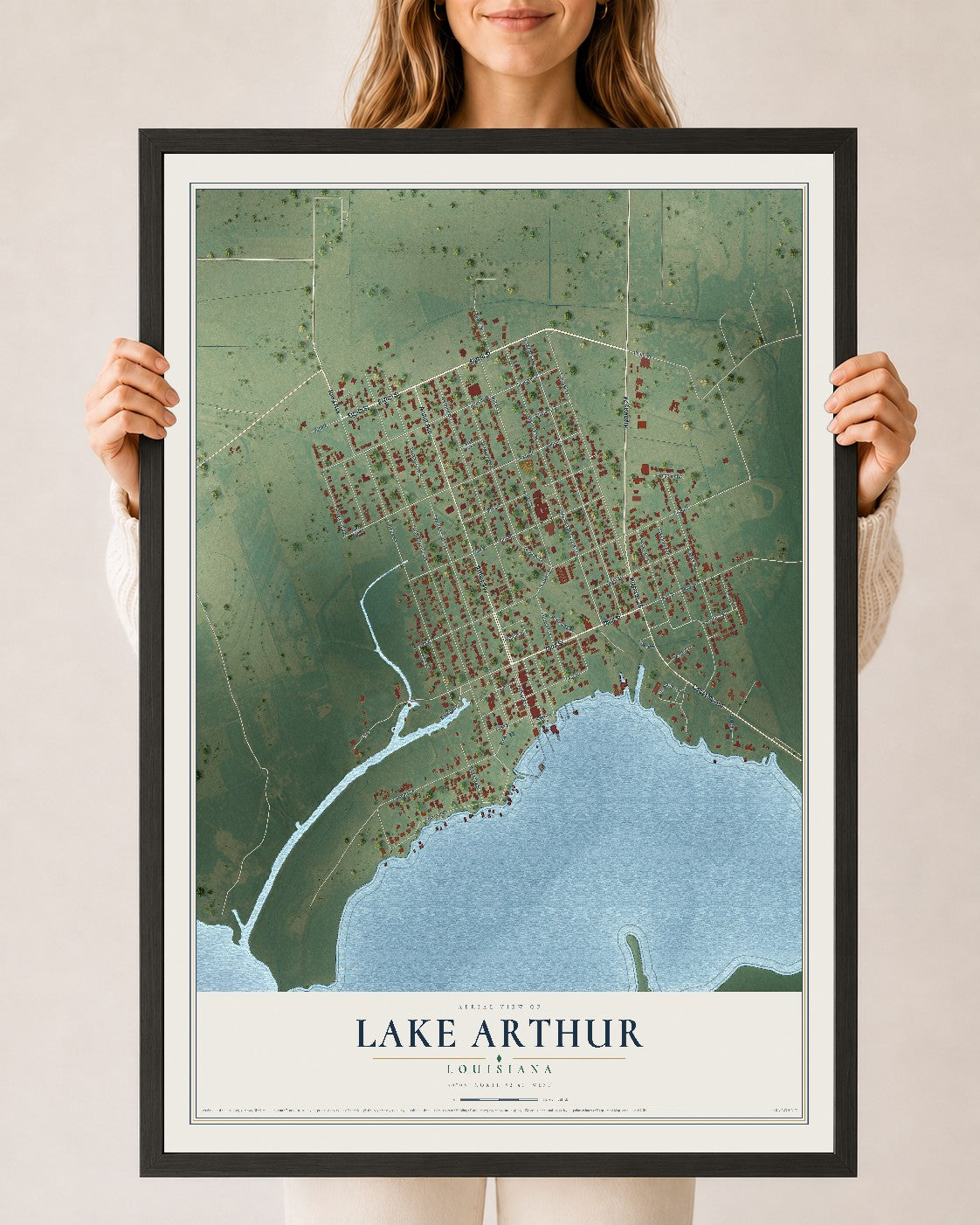 Map of Lake Arthur, Louisiana, 24 x 36 inch print in a black wood frame