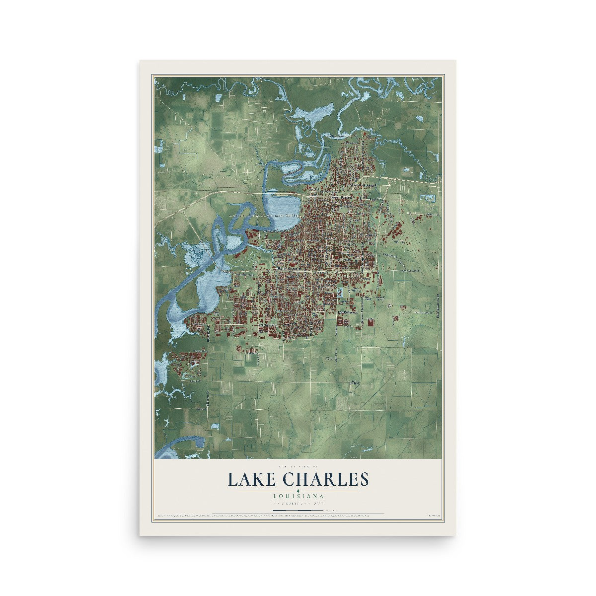 Map of Lake Charles, Louisiana, 12 x 18 inch unframed archival matte print