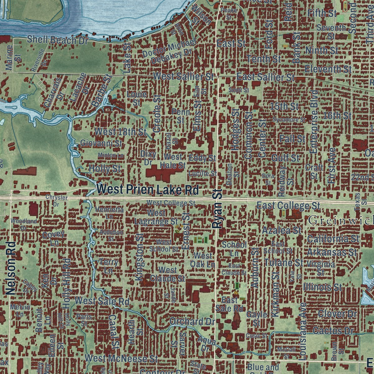Close-up of the map of Lake Charles, Louisiana print showing street and building detail