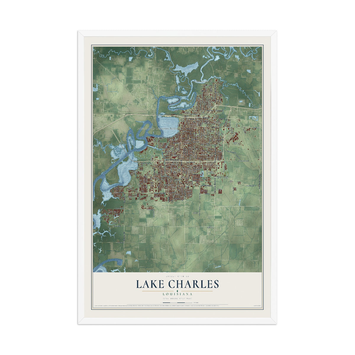 Map of Lake Charles, Louisiana, 12 x 18 inch print in a white wood frame
