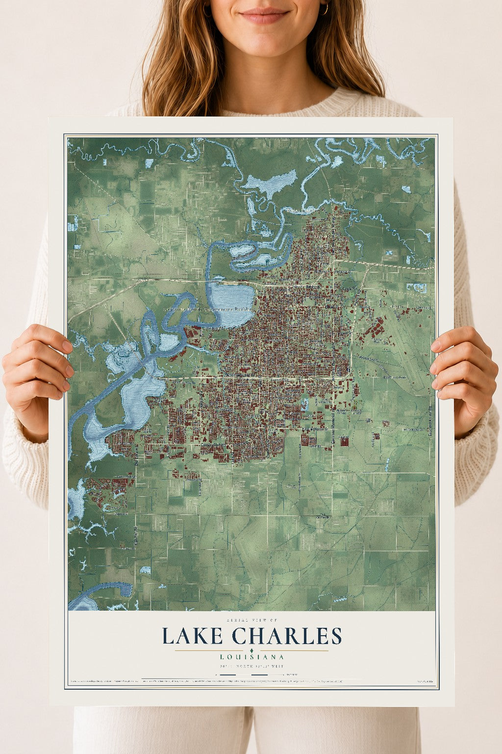 Map of Lake Charles, Louisiana, 18 x 24 inch unframed archival matte print