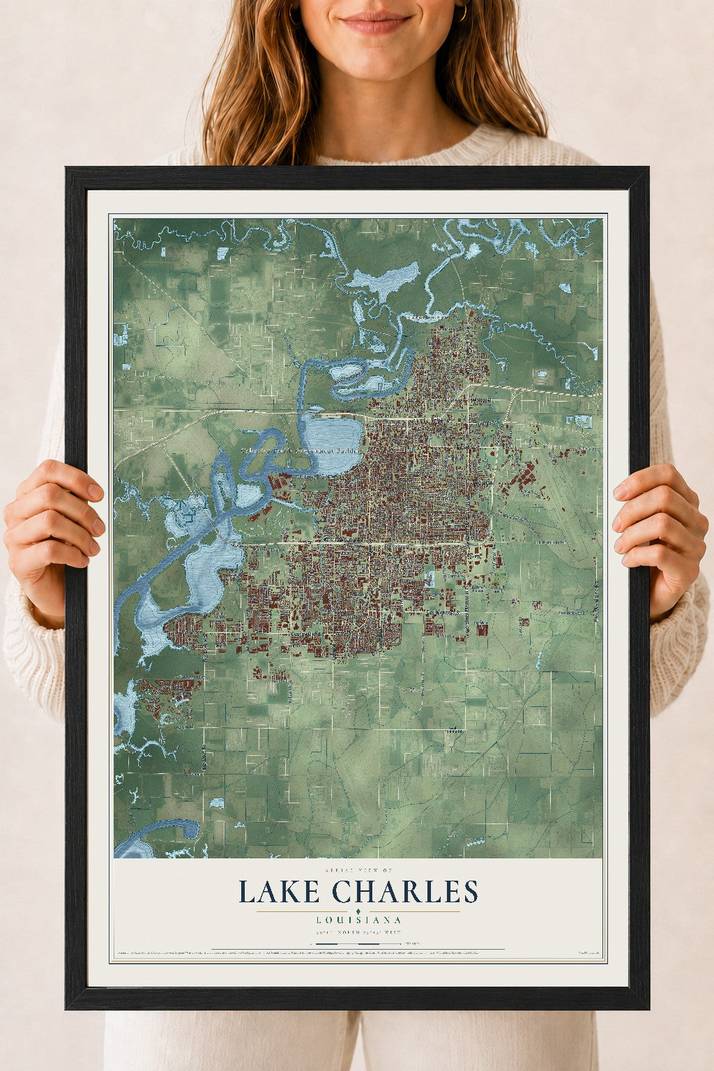 Map of Lake Charles, Louisiana, 18 x 24 inch print in a black wood frame