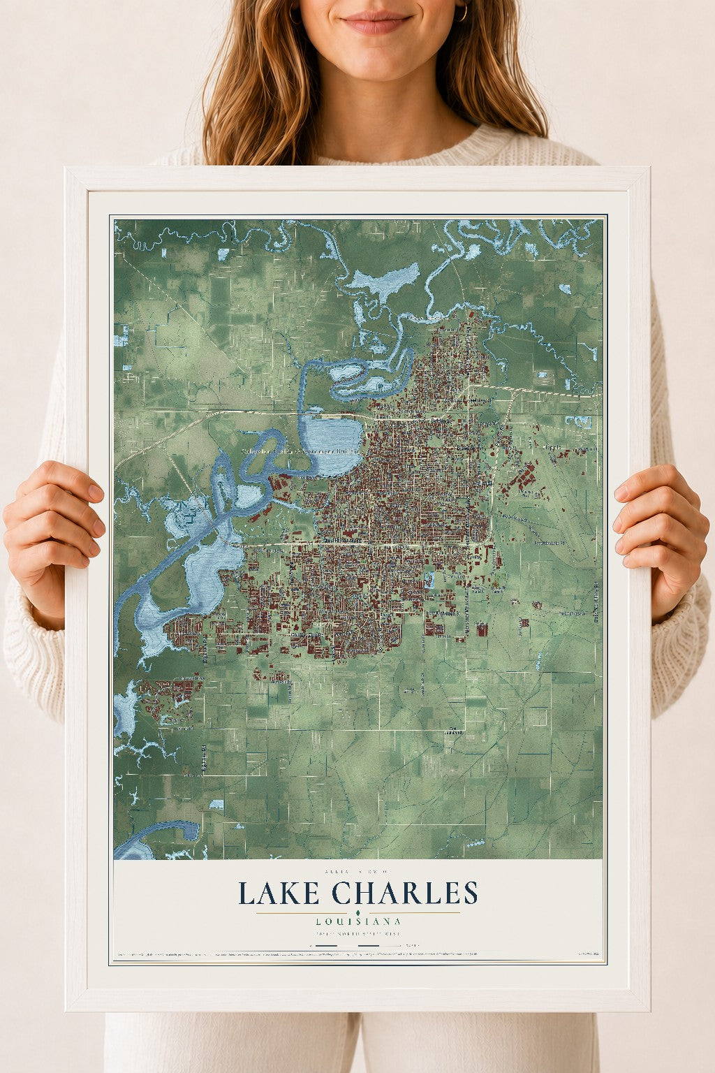 Map of Lake Charles, Louisiana, 18 x 24 inch print in a white wood frame