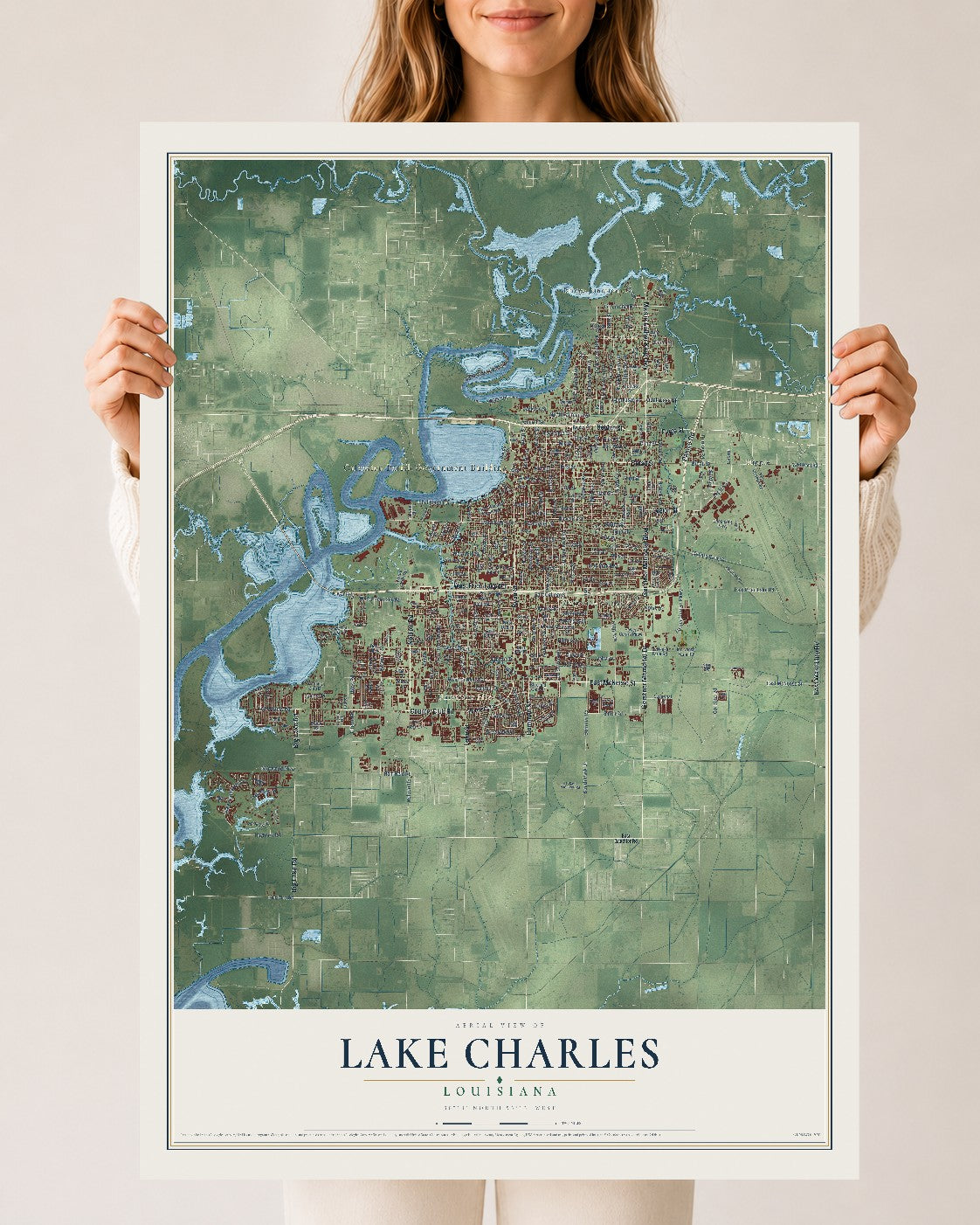 Map of Lake Charles, Louisiana, 24 x 36 inch unframed archival matte print
