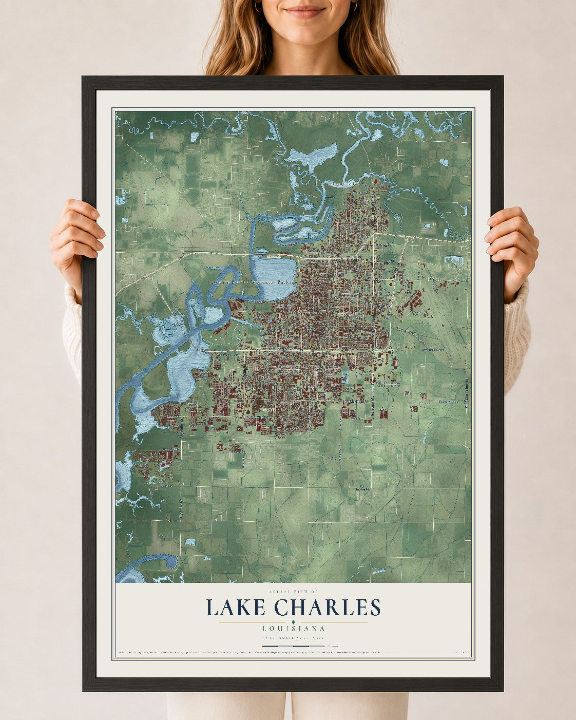 Map of Lake Charles, Louisiana, 24 x 36 inch print in a black wood frame