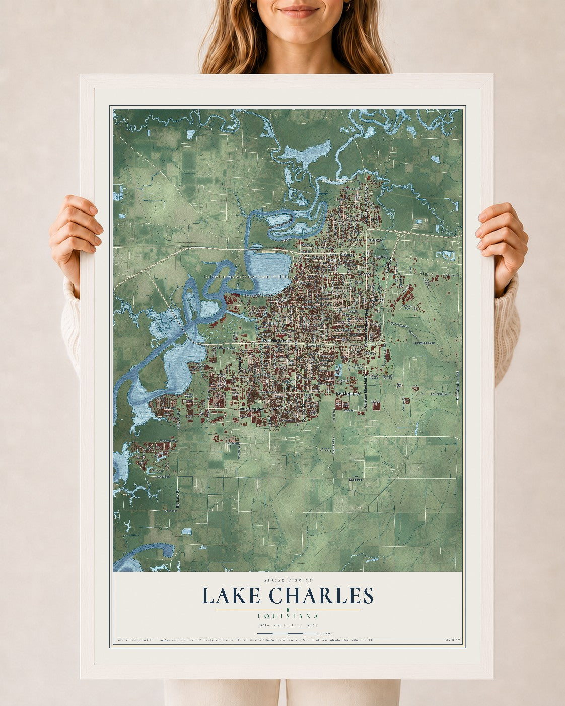 Map of Lake Charles, Louisiana, 24 x 36 inch print in a white wood frame