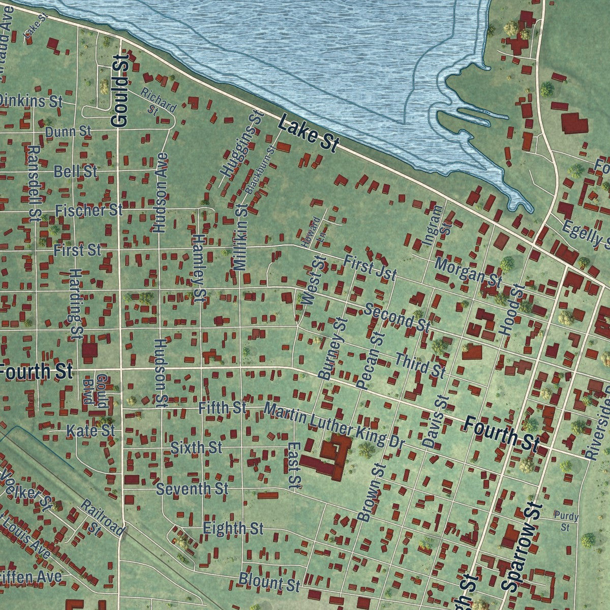 Close-up of the map of Lake Providence, Louisiana print showing street and building detail