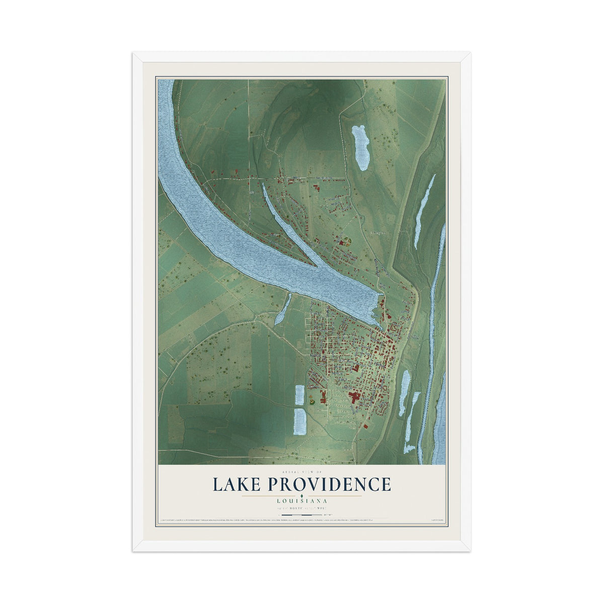 Map of Lake Providence, Louisiana, 12 x 18 inch print in a white wood frame