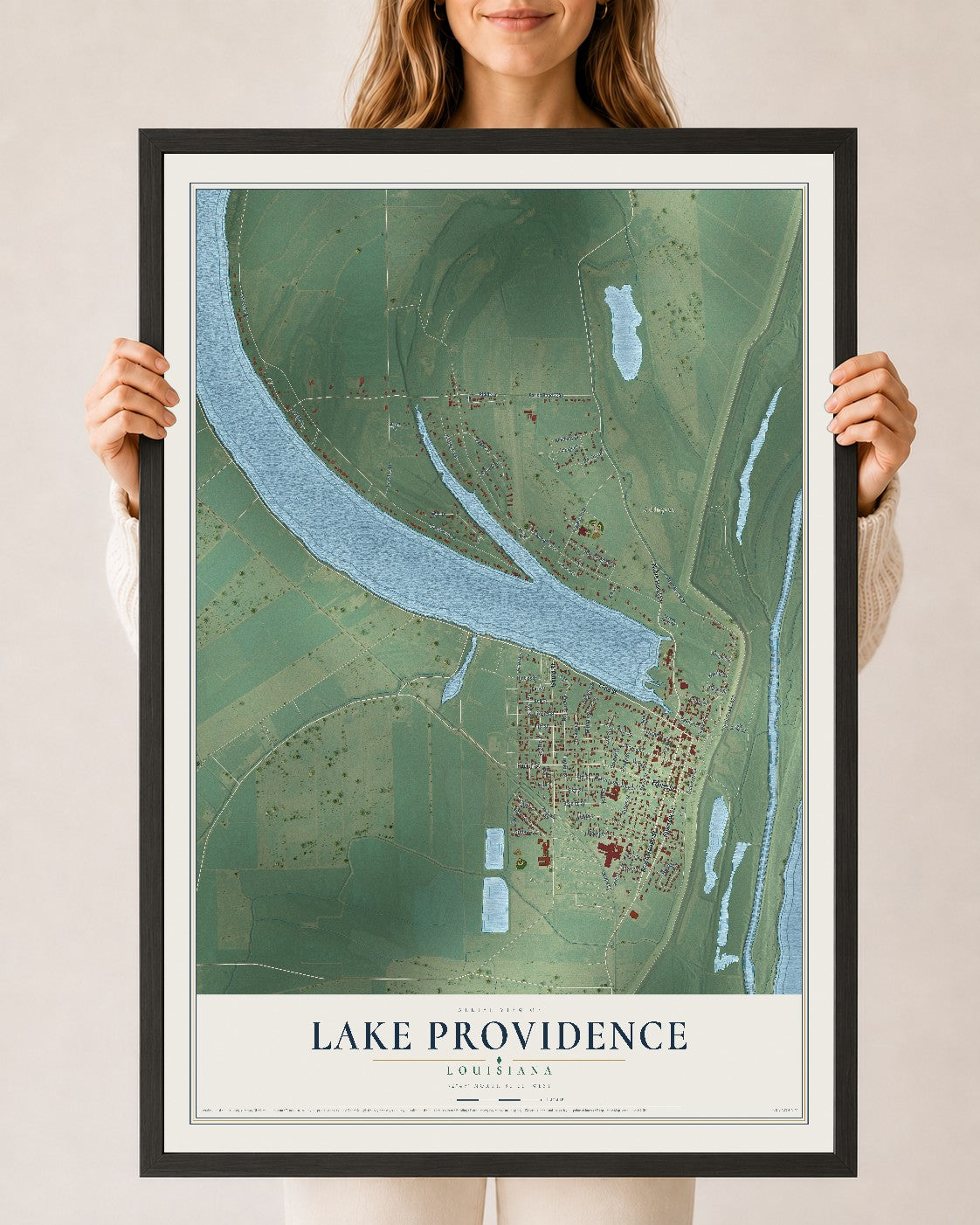 Map of Lake Providence, Louisiana, 24 x 36 inch print in a black wood frame