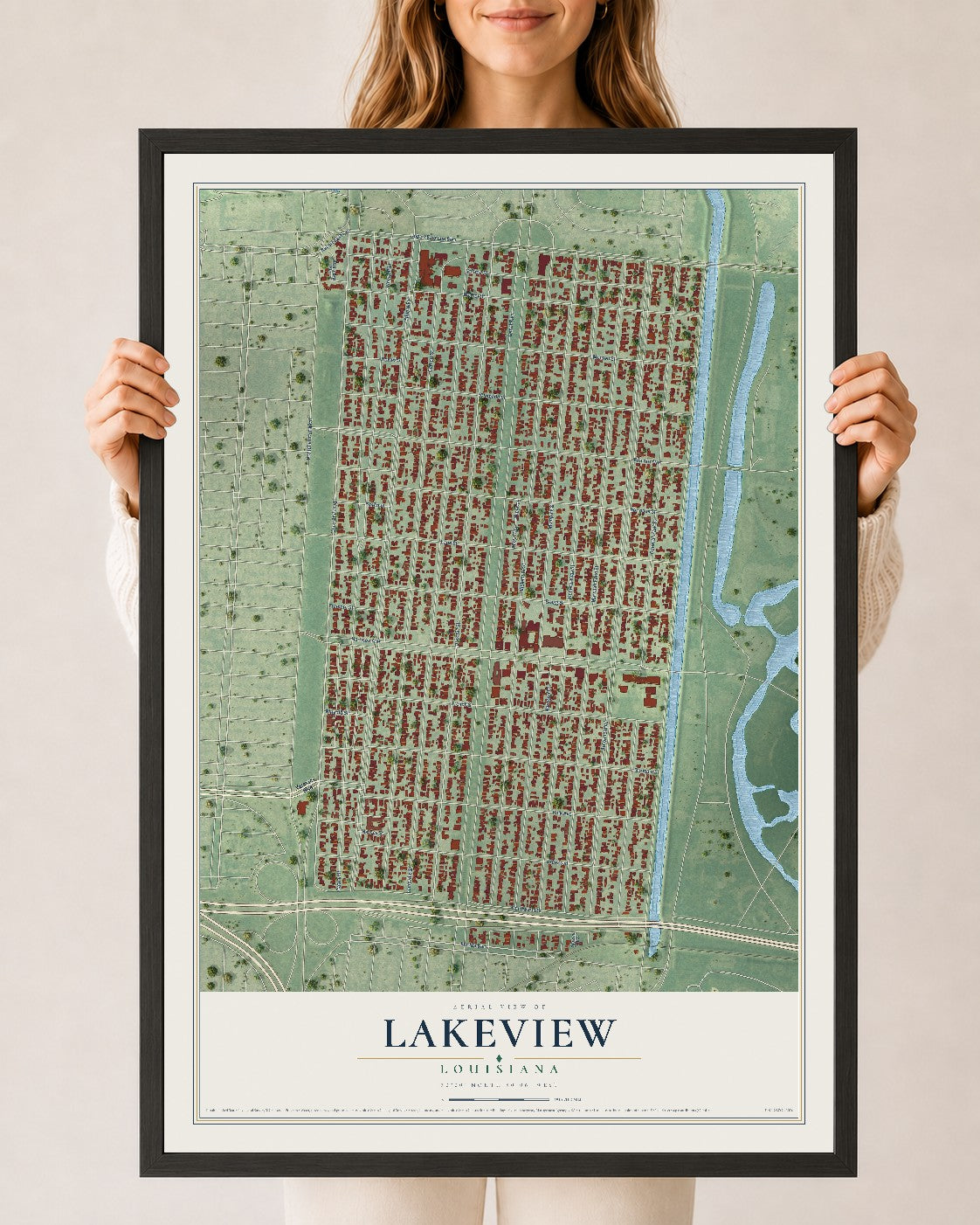 Map of Lakeview, Louisiana, 24 x 36 inch print in a black wood frame