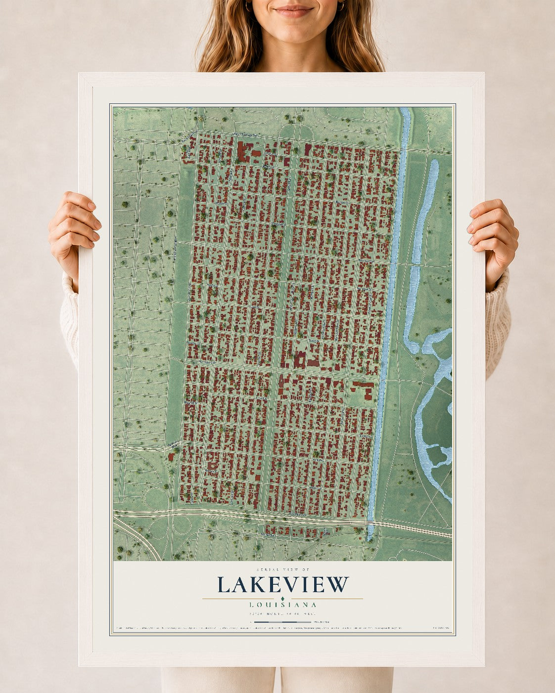 Map of Lakeview, Louisiana, 24 x 36 inch print in a white wood frame