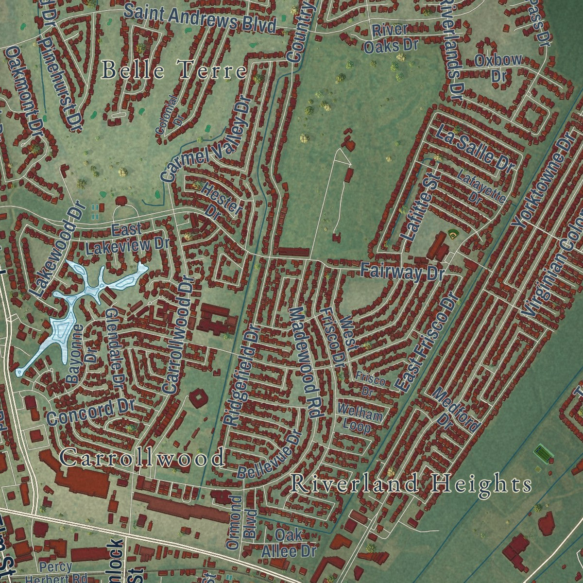 Close-up of the map of Laplace, Louisiana print showing street and building detail