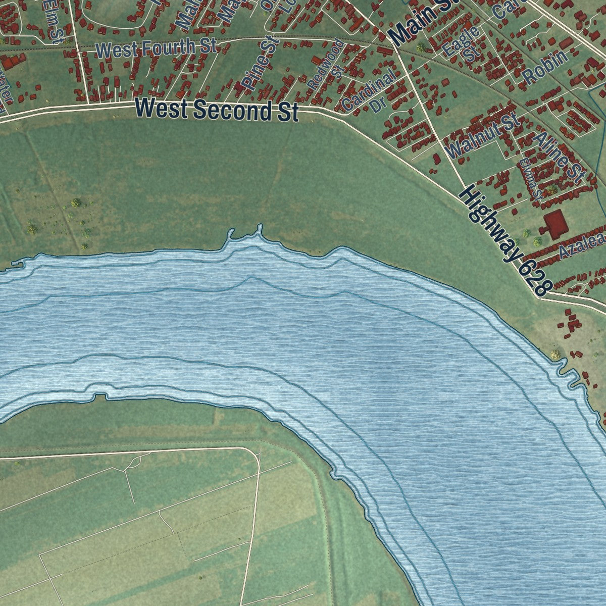 Second close-up of the map of Laplace, Louisiana print showing more streets and buildings