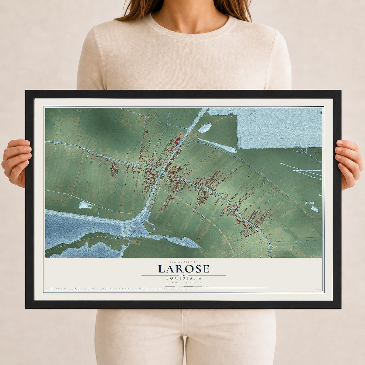 Map of Larose, Louisiana, 12 x 18 inch print in a black wood frame
